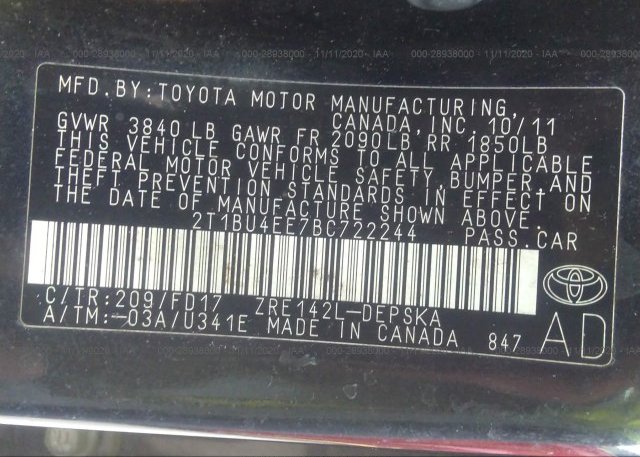 2T1BU4EE7BC722244 2011 TOYOTA COROLLA
