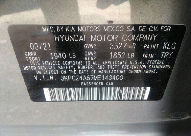 2021 HYUNDAI ACCENT(VIN: 3KPC24A67ME143400