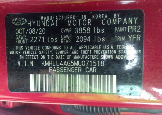 2021 HYUNDAI ELANTRA(VIN: KMHLL4AG5MU071518