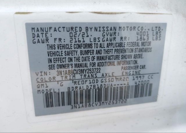 2021 NISSAN SENTRA(VIN: 3N1AB8CV3MY253722