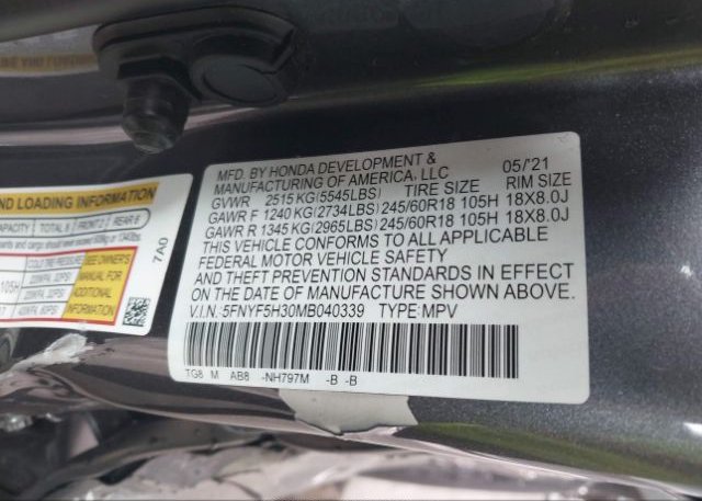 2021 HONDA PILOT(VIN: 5FNYF5H30MB040339