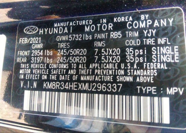 2021 HYUNDAI PALISADE(VIN: KM8R34HEXMU296337