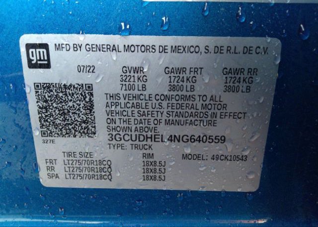 2022 CHEVROLET SILVERADO 1500(VIN: 3GCUDHEL4NG640559