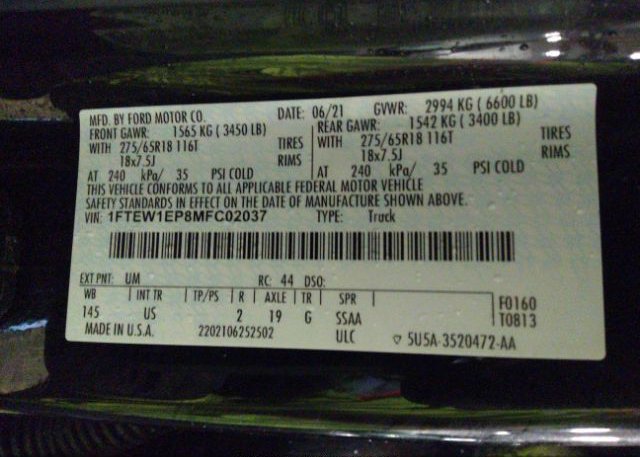 2021 FORD F-150(VIN: 1FTEW1EP8MFC02037