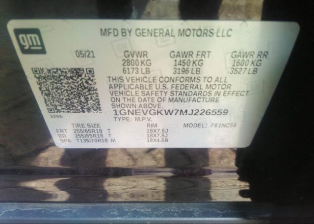 2021 CHEVROLET TRAVERSE(VIN: 1GNEVGKW7MJ226559