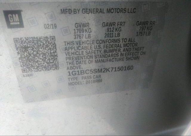 2019 CHEVROLET CRUZE VIN: 1G1BC5SM2K7150160