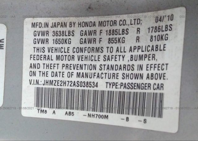 JHMZE2H72AS038534 2010 HONDA INSIGHT