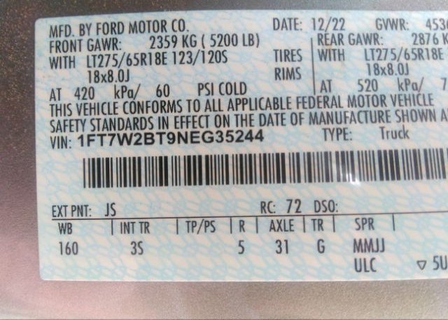 2022 FORD SUPER DUTY F-250 SRW(VIN: 1FT7W2BT9NEG35244