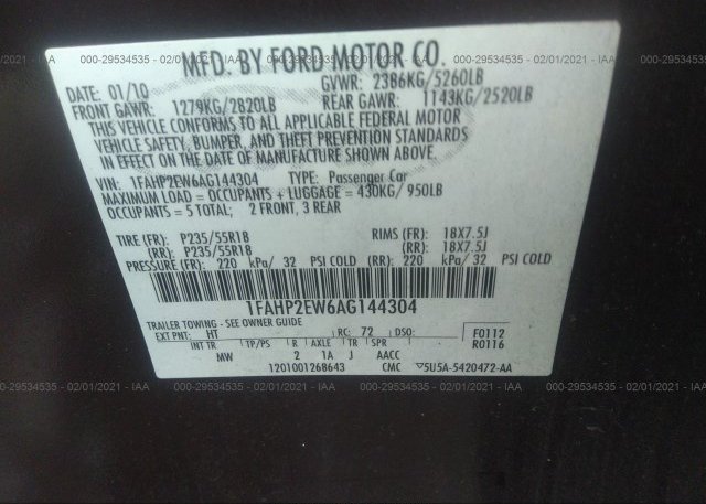 1FAHP2EW6AG144304 2010 FORD TAURUS