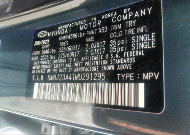 2021 HYUNDAI TUCSON(VIN: KM8J23A41MU291295