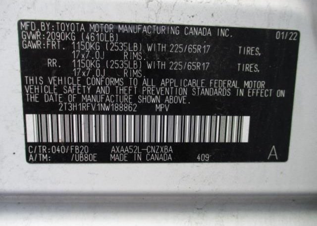 2022 TOYOTA RAV4(VIN: 2T3H1RFV1NW188862