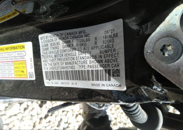 2022 HONDA CIVIC SEDAN(VIN: 2HGFE2F29NH507452
