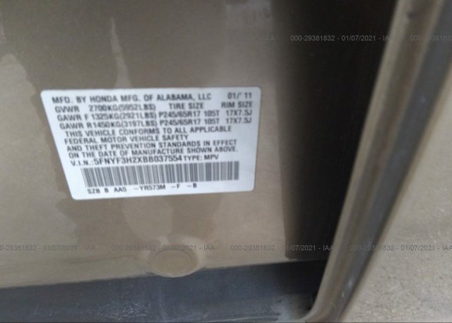 5FNYF3H2XBB037554 2011 HONDA PILOT