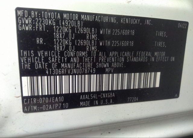 2022 TOYOTA RAV4(VIN: 4T3D6RFV3NU078749