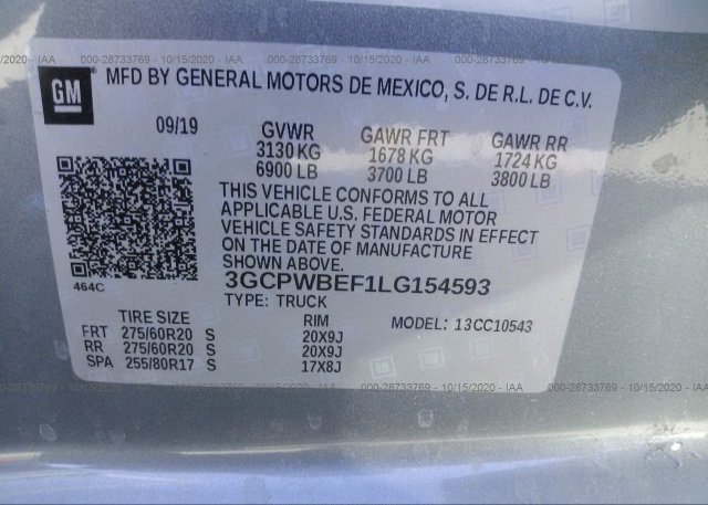 3GCPWBEF1LG154593 2020 CHEVROLET SILVERADO 1500