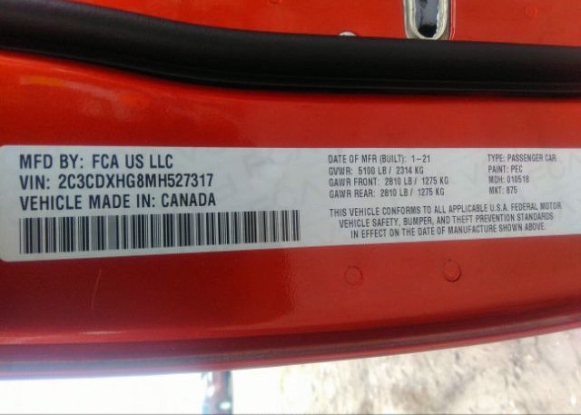 2021 DODGE CHARGER(VIN: 2C3CDXHG8MH527317
