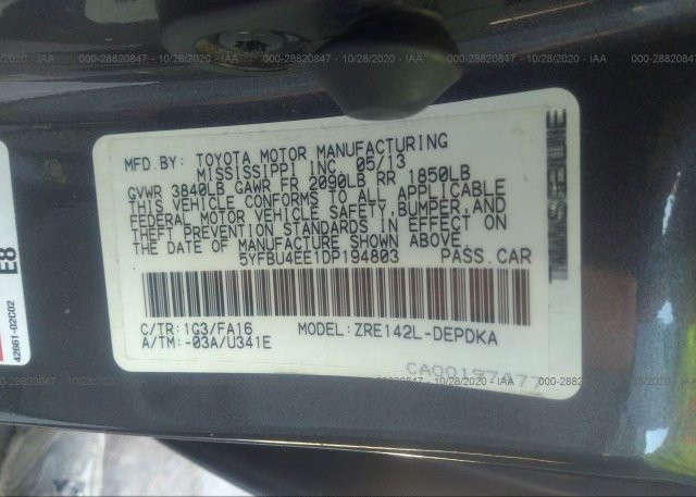 5YFBU4EE1DP194803 2013 TOYOTA COROLLA