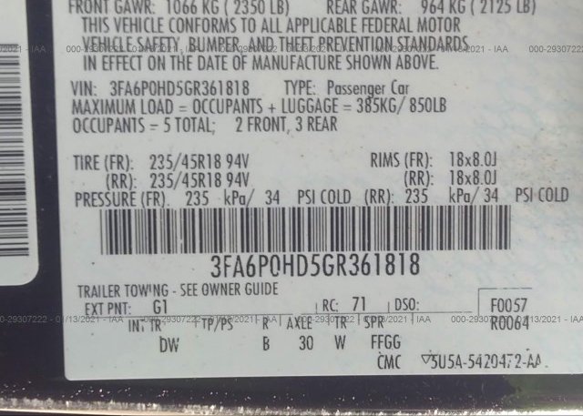 3FA6P0HD5GR361818 2016 FORD FUSION