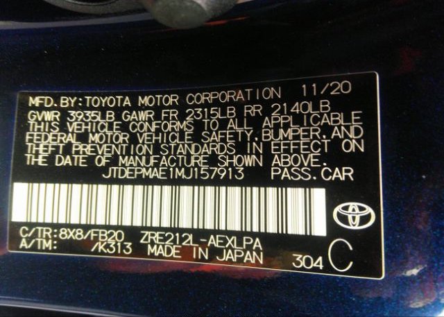 2021 TOYOTA COROLLA(VIN: JTDEPMAE1MJ157913