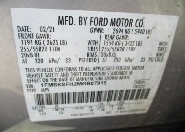2021 FORD EXPLORER(VIN: 1FMSK8FH2MGB07915
