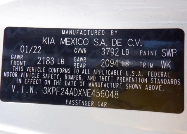 2022 KIA FORTE(VIN: 3KPF24ADXNE456048
