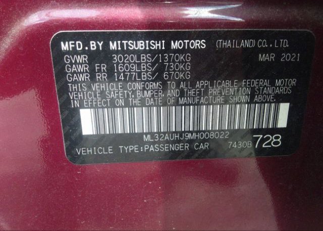 2021 MITSUBISHI MIRAGE(VIN: ML32AUHJ9MH008022
