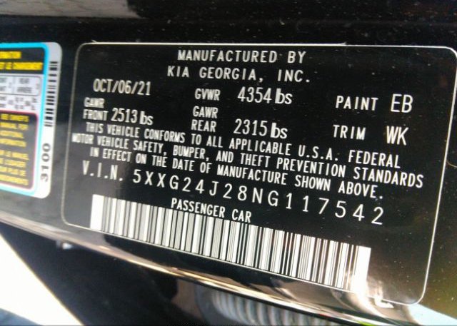 2022 KIA K5(VIN: 5XXG24J28NG117542