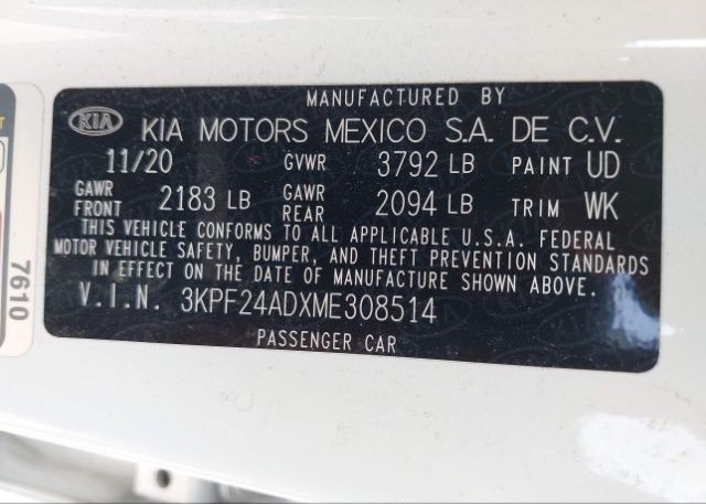 2021 KIA FORTE(VIN: 3KPF24ADXME308514