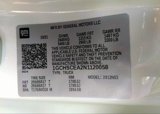 2022 CHEVROLET COLORADO(VIN: 1GCHSCEA2N1120058