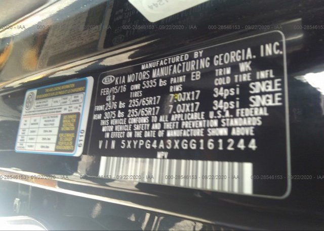5XYPG4A3XGG161244 2016 KIA SORENTO
