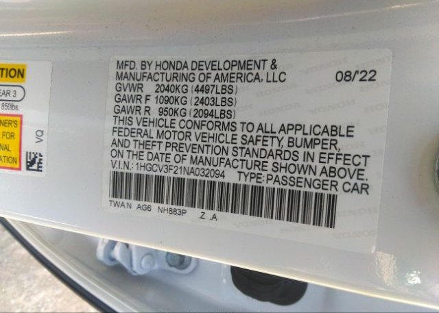 2022 HONDA ACCORD HYBRID(VIN: 1HGCV3F21NA032094