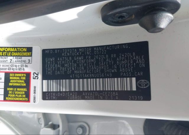 2022 TOYOTA CAMRY(VIN: 4T1G11AK8NU056149