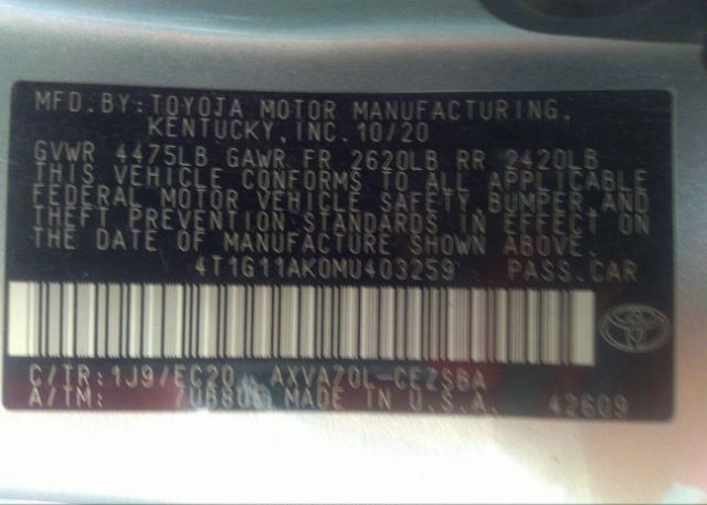 2021 TOYOTA CAMRY(VIN: 4T1G11AK0MU403259