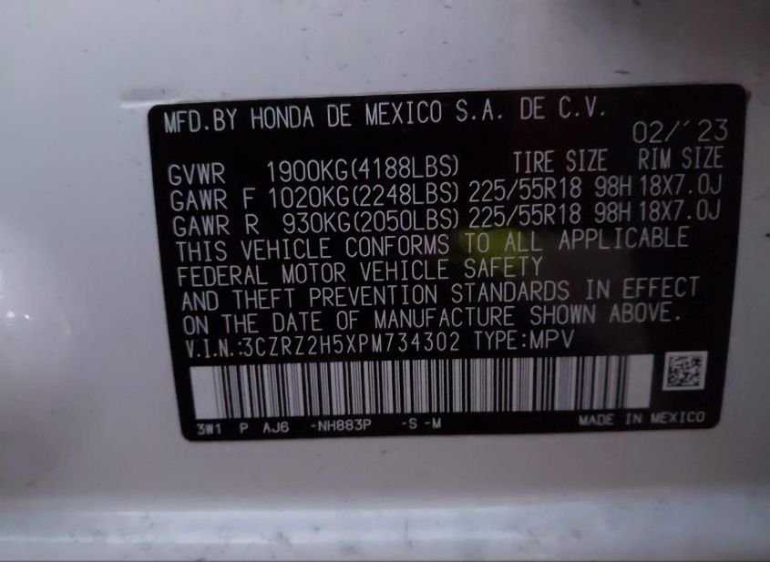 2023 HONDA HR-V AWD SPORT(VIN: 3CZRZ2H5XPM734302