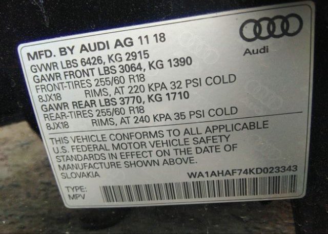 2019 AUDI Q7 VIN: WA1AHAF74KD023343