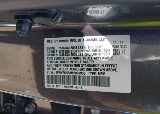 2021 HONDA PILOT(VIN: 5FNYF5H53MB030938