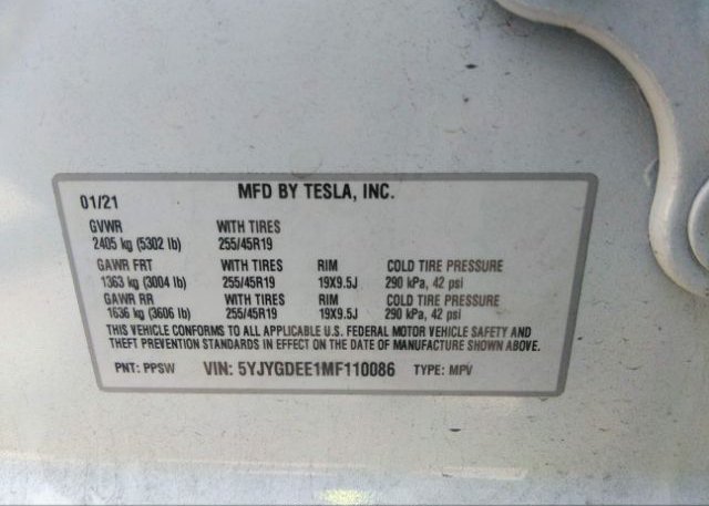 2021 TESLA MODEL Y(VIN: 5YJYGDEE1MF110086
