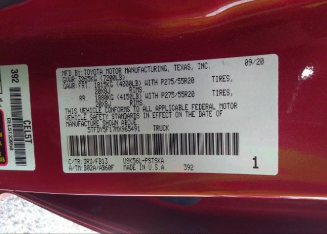 2021 TOYOTA TUNDRA 4WD(VIN: 5TFDY5F17MX965491