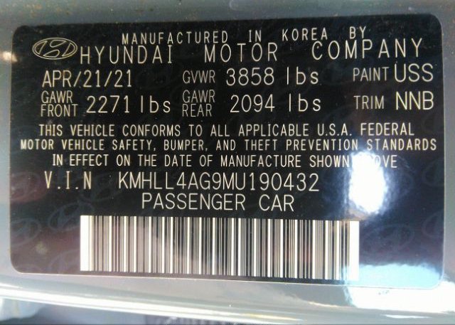 2021 HYUNDAI ELANTRA(VIN: KMHLL4AG9MU190432
