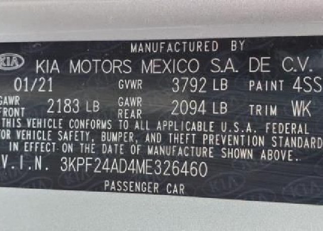 2021 KIA FORTE(VIN: 3KPF24AD4ME326460