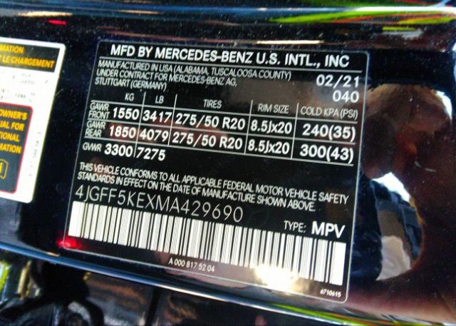 2021 MERCEDES-BENZ GLS(VIN: 4JGFF5KEXMA429690