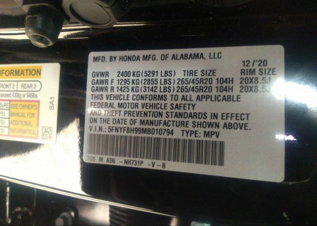 2021 HONDA PASSPORT(VIN: 5FNYF8H99MB010794