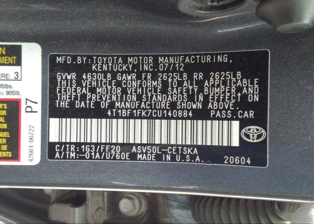 4T1BF1FK7CU140884 2012 TOYOTA CAMRY
