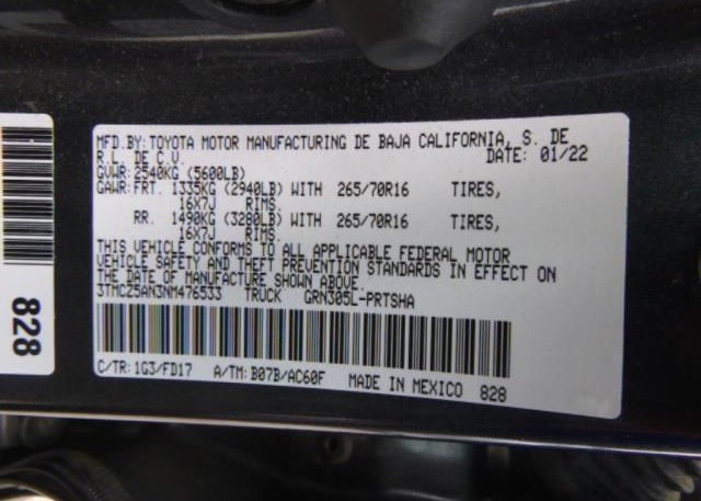 2022 TOYOTA TACOMA 4WD(VIN: 3TMCZ5AN3NM476533