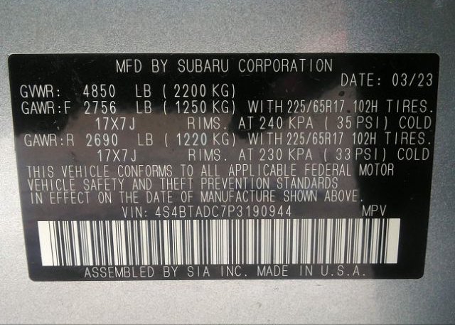 2023 SUBARU OUTBACK(VIN: 4S4BTADC7P3190944