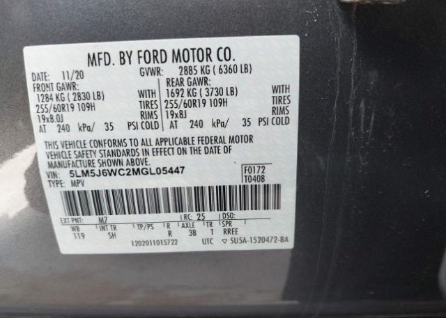 2021 LINCOLN AVIATOR(VIN: 5LM5J6WC2MGL05447