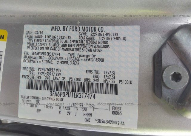 3FA6P0PU1ER317474 2014 FORD FUSION ENERGI