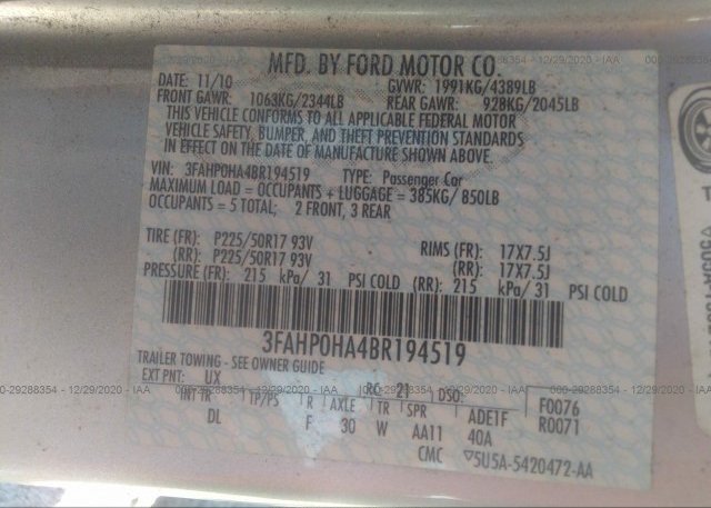 3FAHP0HA4BR194519 2011 FORD FUSION