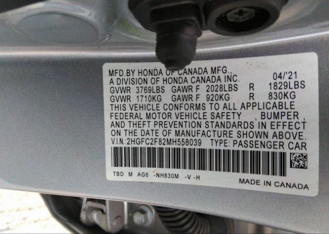 2021 HONDA CIVIC SEDAN(VIN: 2HGFC2F82MH558039