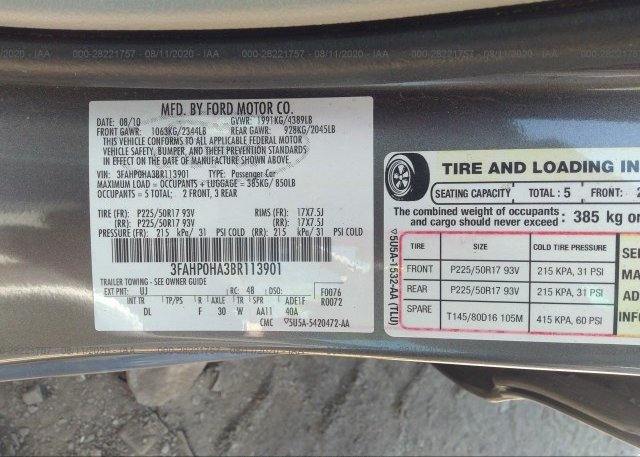 3FAHP0HA3BR113901 2011 FORD FUSION